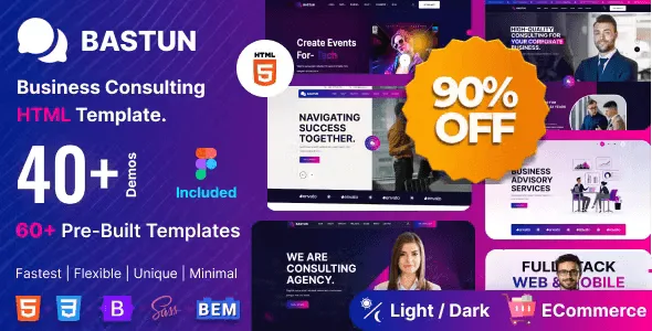 Bastun business consulting HTML template preview showing a modern Bootstrap 5 corporate website layout