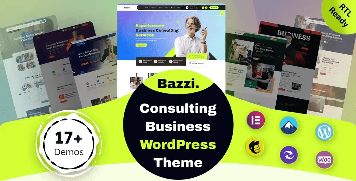 Bazzi consulting business WordPress theme homepage preview with Elementor PRO