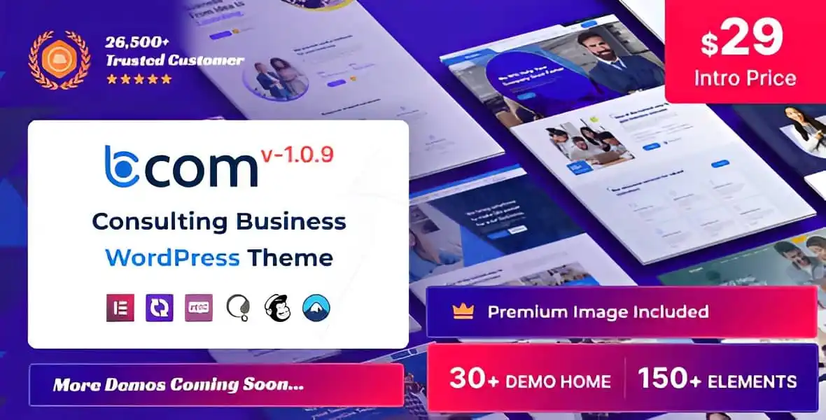 Bcom consulting WordPress theme homepage layout with Elementor PRO design