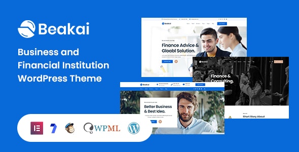 Beakai Business WordPress Theme showcasing corporate website layouts for financial and consulting businesses
