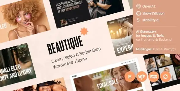 Beautique WordPress theme homepage preview showing modern beauty salon design with service showcase and booking section