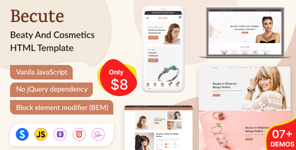 Becute ecommerce HTML template preview for jewelry, cosmetics and beauty stores