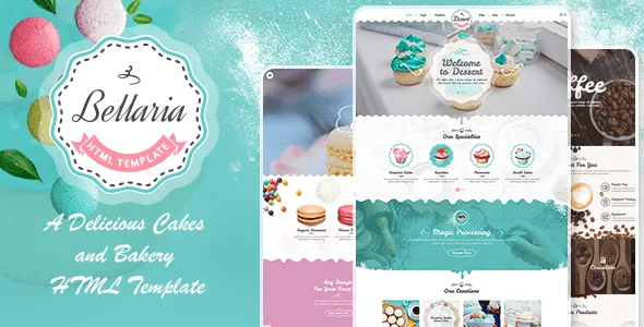 Bellaria bakery HTML template preview showing responsive cake shop website design on desktop and mobile devices