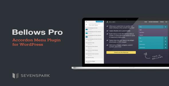Bellows Pro WordPress accordion menu plugin displaying hierarchical content with multiple skins