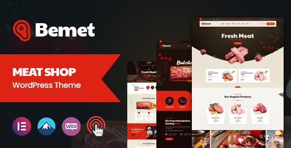 Bemet WordPress theme homepage preview showing butcher shop layout with meat products, responsive design on desktop and mobile
