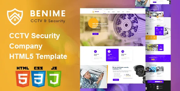 Benime CCTV surveillance HTML5 template preview showing security company homepage design with service sections and contact elements