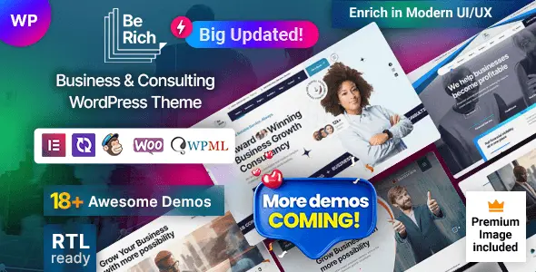 Berich corporate WordPress theme preview showcasing a professional consulting website layout built with Elementor