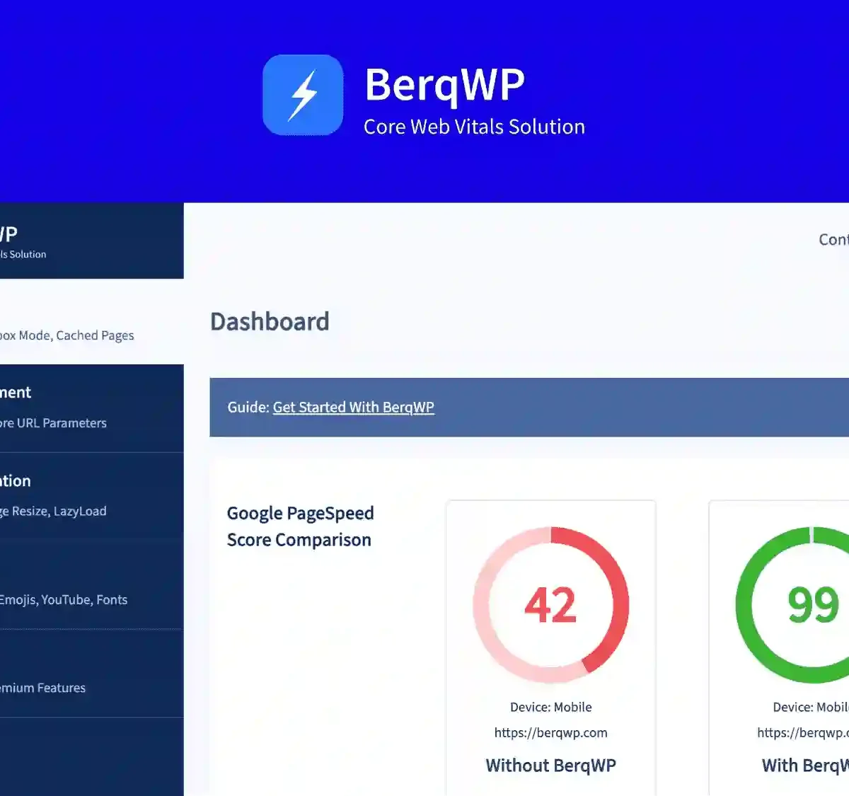 BerqWP WordPress speed optimization plugin dashboard interface