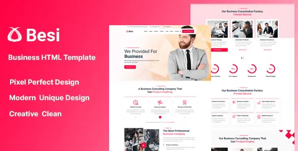 Besi Business Agency HTML Template preview showing responsive desktop and mobile layouts