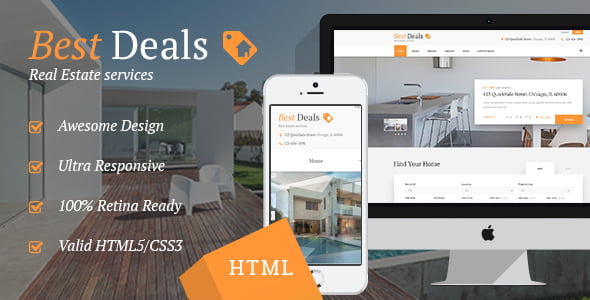 Best Deals real estate HTML template preview showing property sales and rental website layout