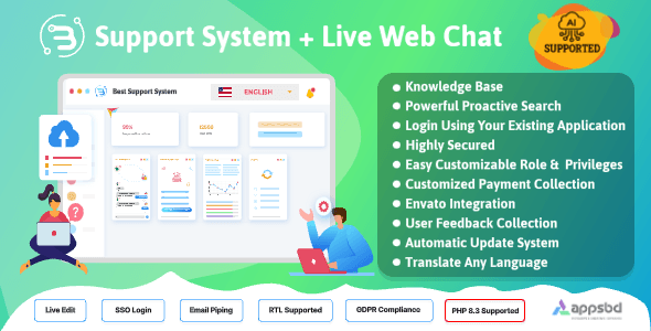 Self-hosted support ticket system dashboard with live web chat and knowledge base
