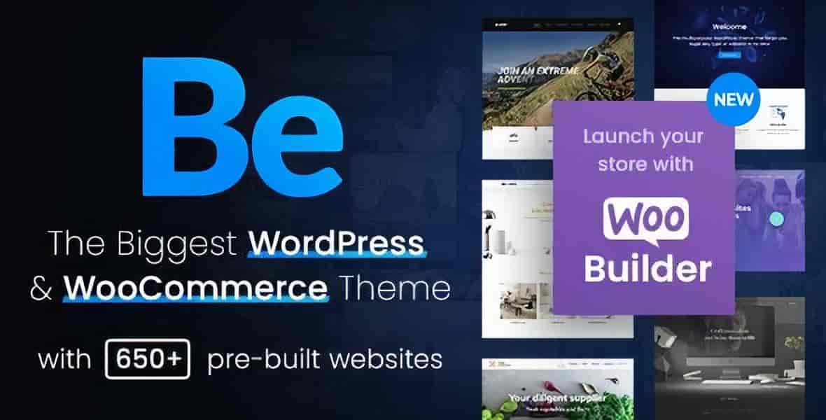 Betheme WordPress theme showcasing pre-built website demos and Elementor builder interface