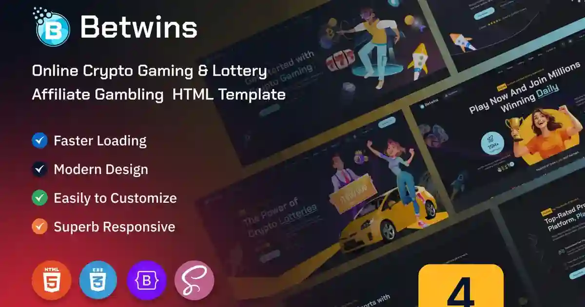 Betwins crypto gaming and lottery HTML template with responsive design for betting and affiliate sites