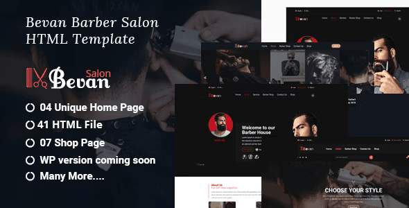 Bevan barber shop website template homepage preview with Bootstrap 4 responsive design