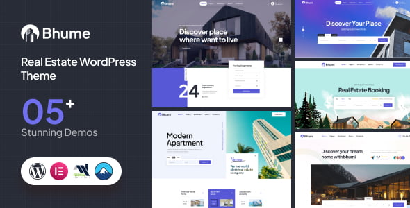 Bhume real estate WordPress theme with Elementor, featuring property listings and search filters