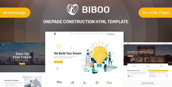 Biboo one-page construction HTML template preview showing modern landing page design with smooth animations