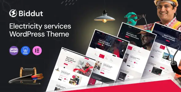 Biddut electricity services WordPress theme preview showcasing a professional electrical business website layout