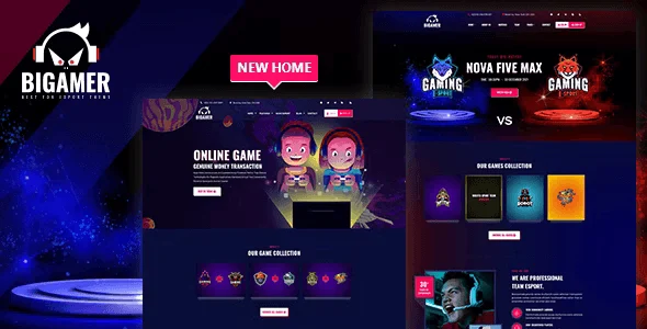 Bigamer esports tournament HTML template preview showing modern gaming website design