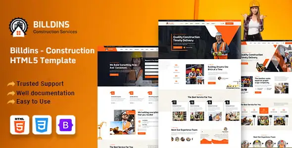 Billdins construction HTML5 template homepage preview showing a responsive modern layout for building and construction businesses