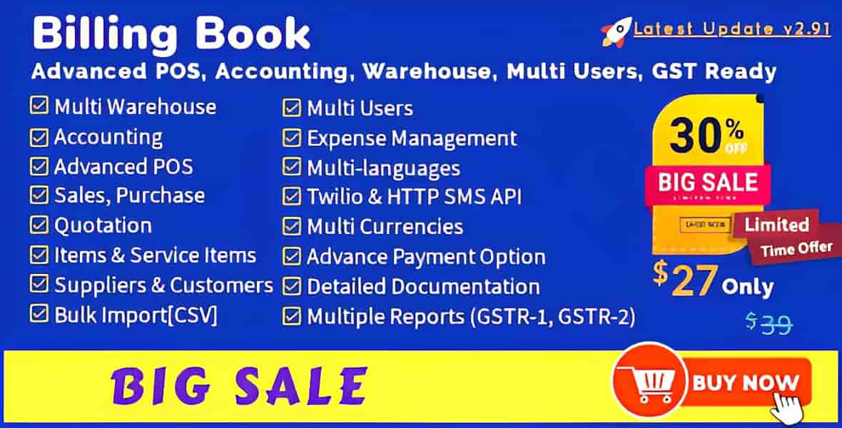 Billing Book PHP POS dashboard showing sales, inventory, and GST invoice management