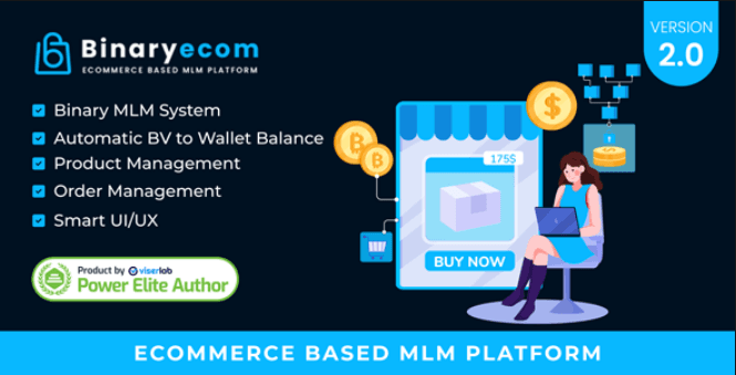 BinaryEcom ecommerce MLM platform dashboard showing referral system and payment gateway options