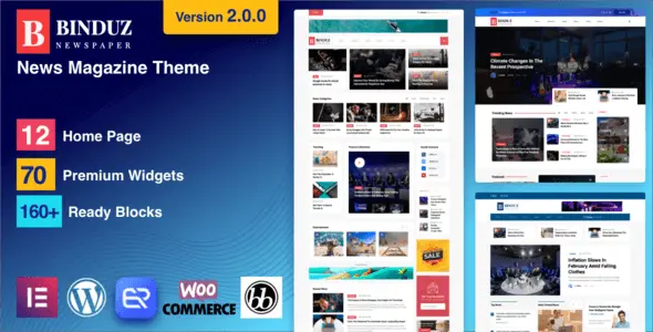 Binduz WordPress news magazine theme demo showing responsive layout with Elementor page builder