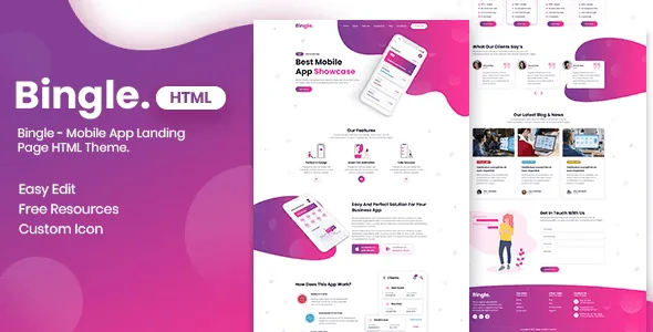 Bingle mobile app landing page HTML5 template layout preview