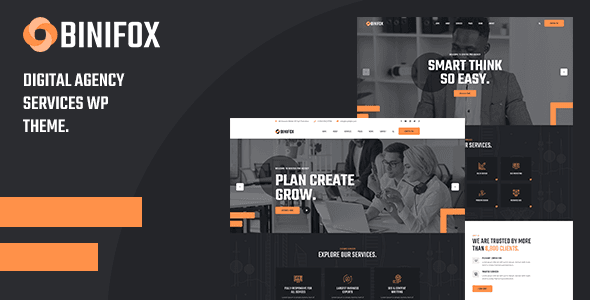 Binifox digital agency WordPress theme homepage preview showing modern responsive design with Elementor page builder