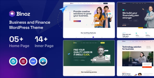 Binoz business agency WordPress theme homepage preview with Elementor and Bootstrap 5