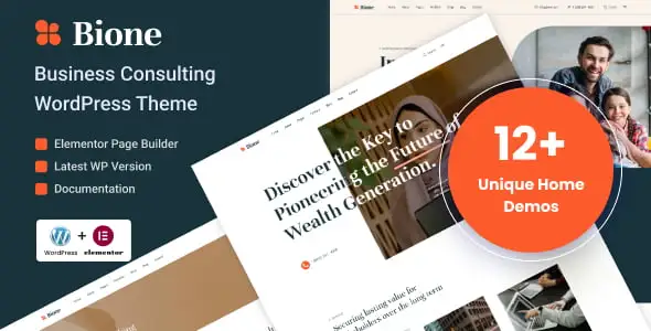 Bione business consulting WordPress theme with responsive Elementor layout for corporate and advisory websites