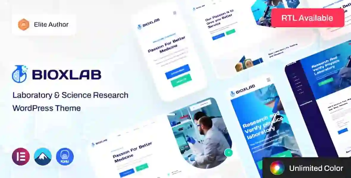 Bioxlab laboratory WordPress theme showcasing a professional scientific research website layout