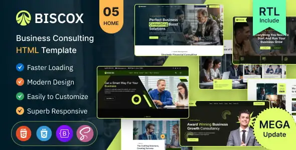 Biscox consulting business HTML template homepage preview showing professional corporate design with Bootstrap 5 layout