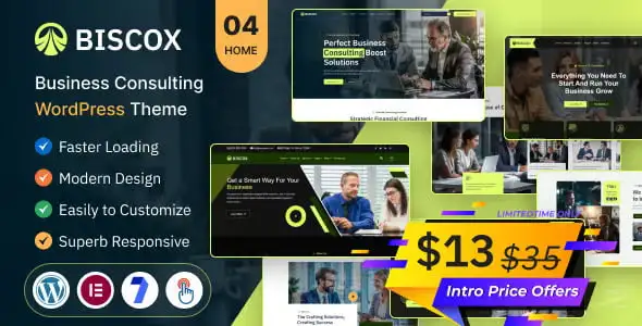 Biscox business consulting WordPress theme demo showing Elementor-built corporate website layout