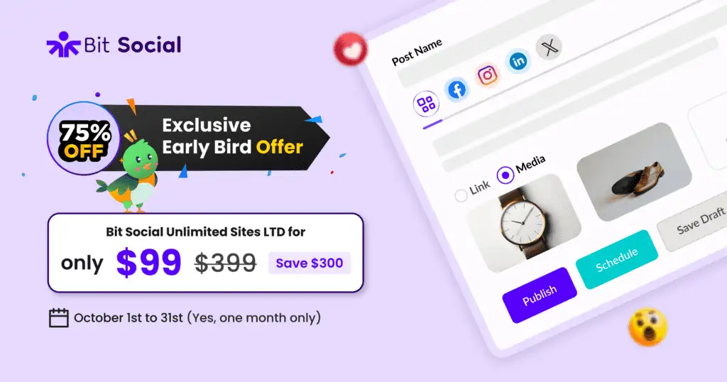 Bit Social Pro WordPress plugin dashboard showing social media auto-posting calendar with connected platforms