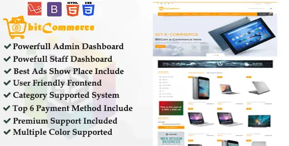 BitCommerce Laravel e-commerce admin dashboard showing crypto payment settings and product management