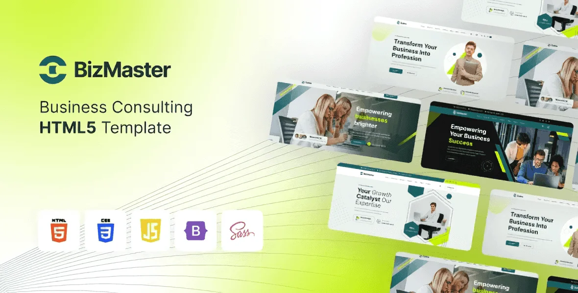 BizMaster consulting business HTML template featuring 17+ responsive Bootstrap 5 layouts for corporate and financial websites