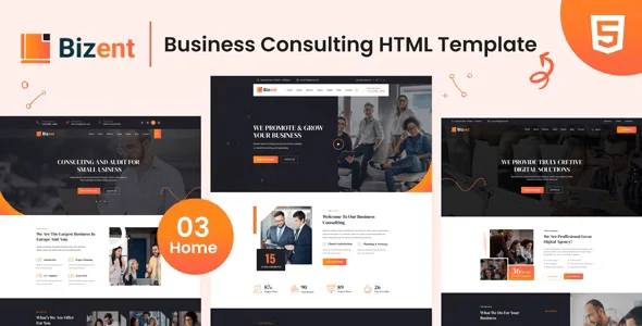 Bizent business consulting HTML template preview showing responsive layout with Bootstrap 5 design