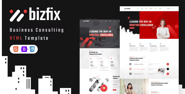 Bizfix business consulting HTML template preview with Elementor PRO demo layout