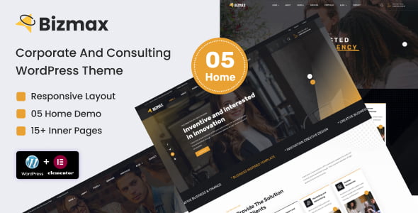 Bizmax corporate and consulting WordPress theme preview with modern layout