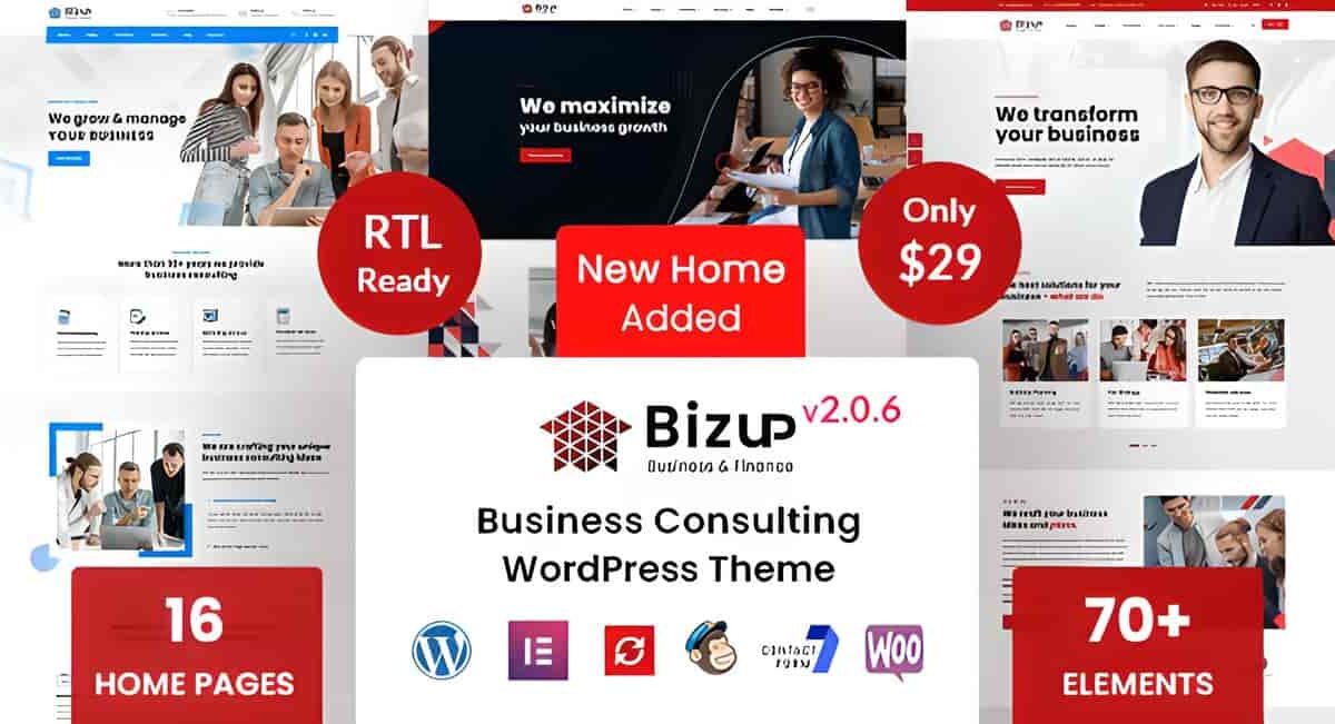 Bizup business consulting WordPress theme homepage preview with Elementor