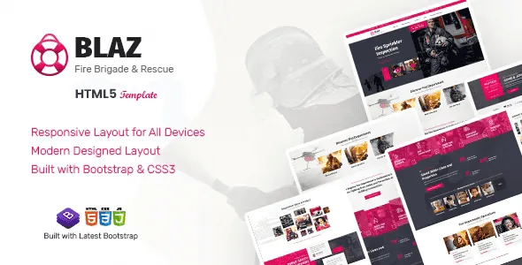 Blaz fire brigade HTML template preview showing responsive emergency services website layout