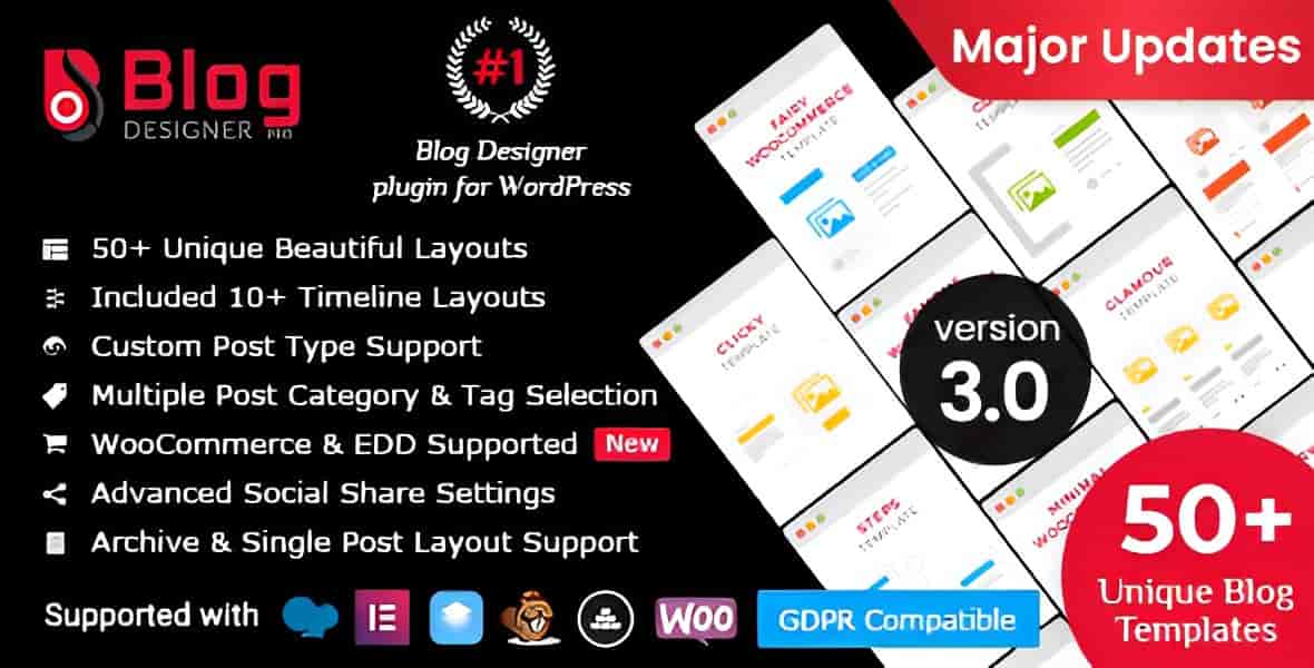 Blog Designer PRO WordPress plugin showing 50+ blog template layouts