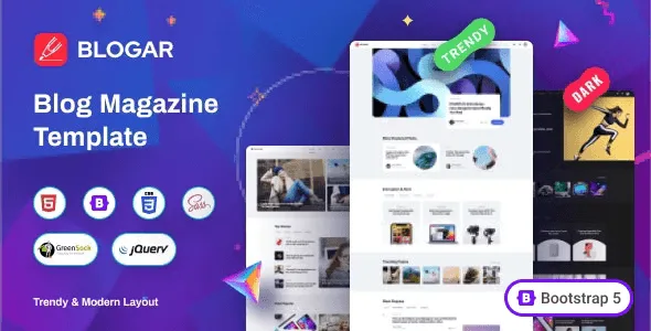 Blogar blog magazine HTML template preview showing responsive design with dark mode
