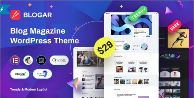 Blogar WordPress blog and magazine theme demo showing homepage layouts with dark and light mode