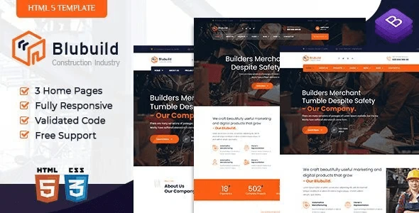 BluBuild industrial construction HTML template preview showing responsive layout and modern design