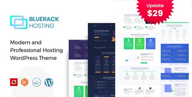 Bluerack modern web hosting WordPress theme with WHMCS integration on desktop and mobile devices
