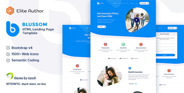 Blussom responsive insurance landing page HTML5 template built with Bootstrap 4