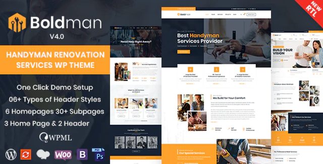 Boldman handyman WordPress theme homepage preview showing renovation services layout