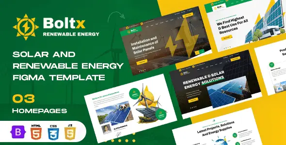 Boltx solar energy HTML template preview with responsive Bootstrap 5 layout