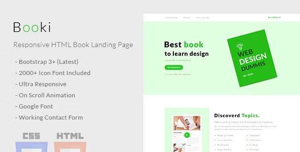 Booki responsive HTML book landing page template preview showing hero section with book cover, about section with scrolling animation, and contact form
